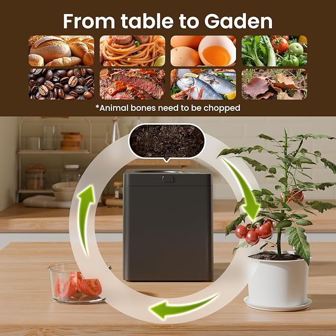 TOPZEE Electric Compost Bin for Kitchen, 3L Smart Countertop Composter with Odorless Auto-Cleaning, Low Noise, Turns Food Waste to Fertilizer in 4 Hours, for Indoor Home Use, Black