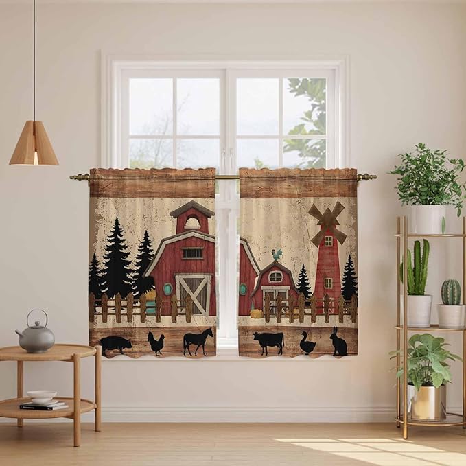 Brown Farmhouse Kitchen Curtains, Vintage Country Animals Wooden Grain Light Filtering Window Curtain Panels, 2Pcs Rod Pocket Window Treatments Set for Study Room Bathroom Bedroom 52x54 Inches