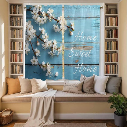 Farmhouse Wooden Grain Kitchen Curtains, Vintage Shabby Chic Flower Blue Light Filtering Window Curtain Panels, 2Pcs Rod Pocket Window Treatments Set for Living Room Bathroom Bedroom 42x63 Inches