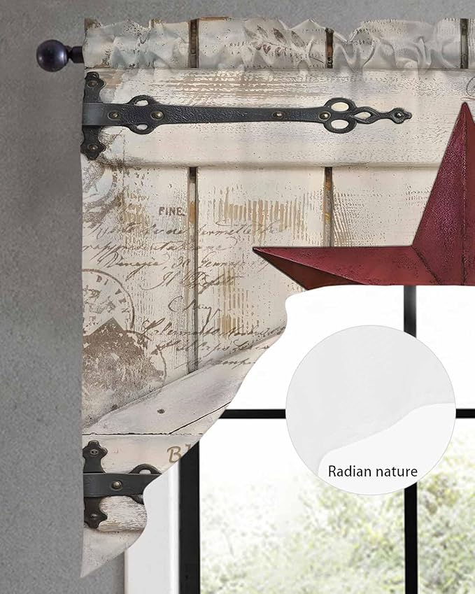 Village Stars Swag Kitchen Curtains Valance and Tier Set, Vintage Dark Red Star Beige Barn Doors Light-Filtering Swag Valance, Rod Pocket Short Curtain for Bedroom Cafe, 56x36 inches