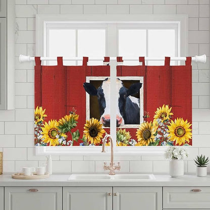 Cow Sunflowers Kitchen Curtains 24 Inch Length, Small Window Curtains Tab Top, Botanical Floral Leaves Bees Farm Barn Light Filtering Short Window Treatments Tier Drapes 27.5"x24" 2 Panel