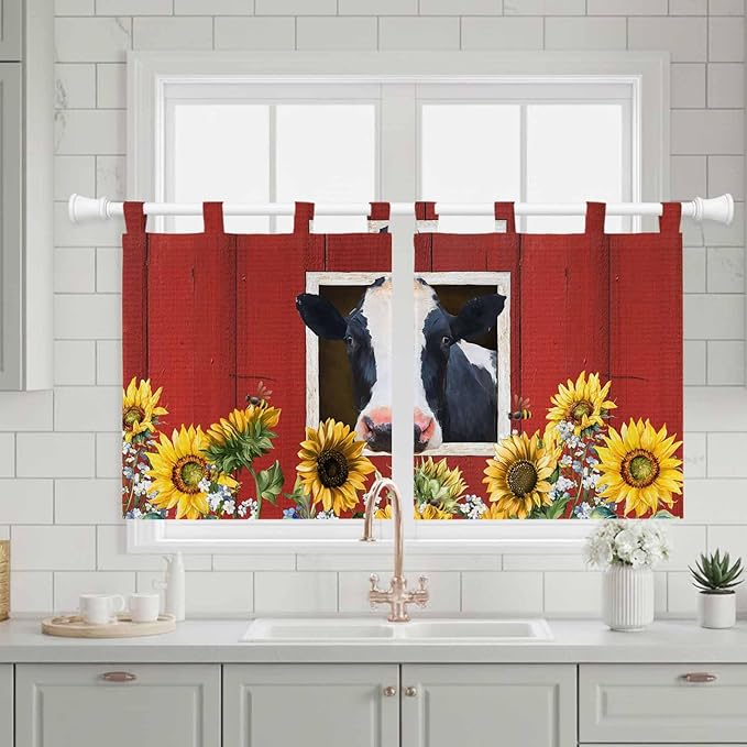 Cow Sunflowers Kitchen Curtains 36 Inch Length, Small Window Curtains Tab Top, Botanical Floral Leaves Bees Farm Barn Light Filtering Short Window Treatments Tier Drapes 27.5"x36" 2 Panel
