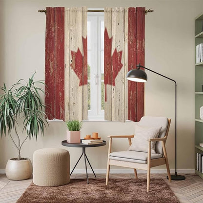 Canada Kitchen Curtains, Red Maple Leaf Flag Vintage Farmhouse Wooden Grain Light Filtering Window Curtain Panels, 2Pcs Rod Pocket Window Treatments Set for Living Room Bathroom Bedroom 42x63 Inches