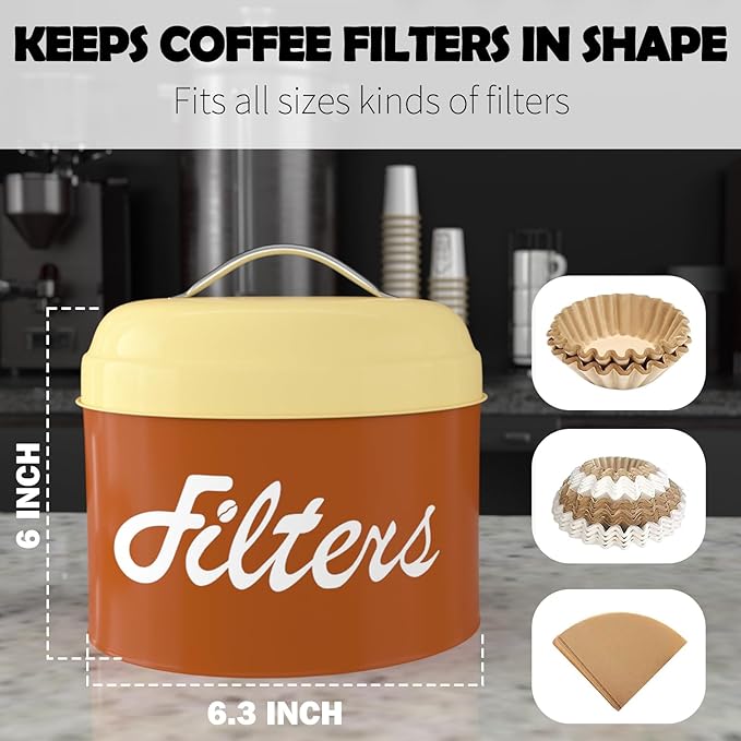 Brown Basket Coffee Filter Holder with Lid - Round Storage Container for Counter - Rustic Farmhouse Coffee Bar Accessories Decor