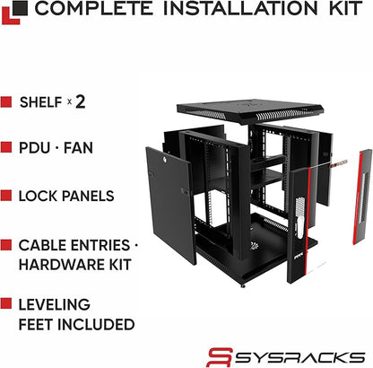 Sysracks 15U Wall Mount Server Rack Cabinet, 19” Locking Network Rack, 24” Deep, Glass Door, with Fan, PDU and Shelf