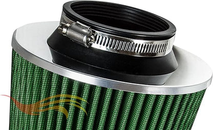Rtunes Racing Universal Clamp-On Air Filter, Standard Cone, Dry Washable Design, Multiple Inlet Sizes (Green, 3.25" Inch)