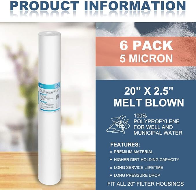 Membrane Solutions 20 Micron Sediment Water Filter Replacement Polypropylene Cartridge 20"x2.5" for Whole House Filter System - 6 Pack