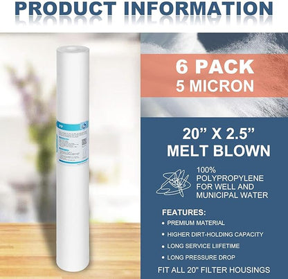 Membrane Solutions 20 Micron Sediment Water Filter Replacement Polypropylene Cartridge 20"x2.5" for Whole House Filter System - 6 Pack