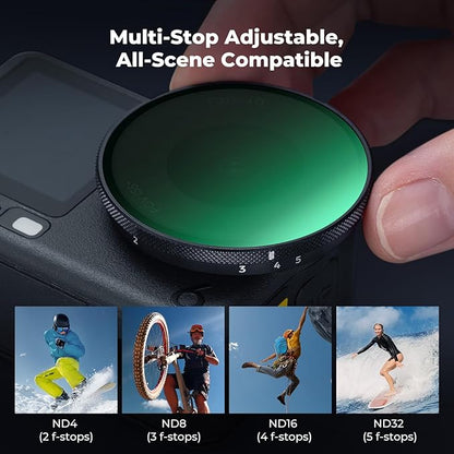 K&F CONCEPT Snap On Variable ND Filter Compatible with DJI Osmo Action 6, ND4-32 Limited Stops Neutral Density Light Reduction Filters Multi-Coated HD Optical Glass Action Camera Accessories