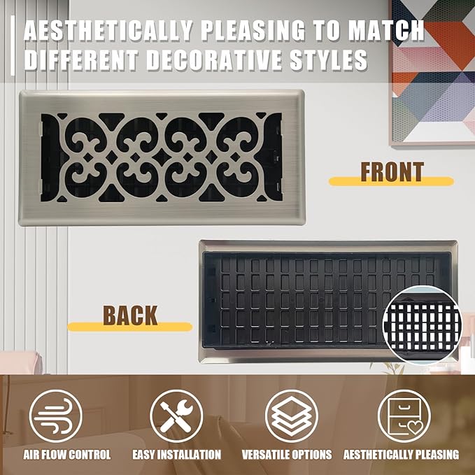Floor Vents Register Decorative Floor Vent for Home Heavy Duty Walkable Steel Brushed Nickel Color 4x12 Inch Air Heat Vent Grilles Easy Adjust Air Supply Lever