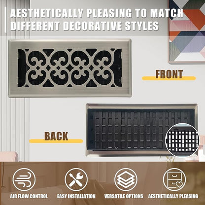 Floor Vents Register Decorative Floor Vent for Home Heavy Duty Walkable Steel Brushed Nickel Color 4x12 Inch Air Heat Vent Grilles Easy Adjust Air Supply Lever
