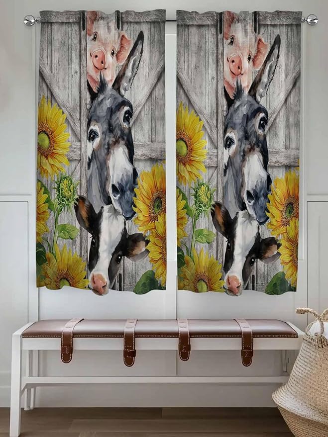 Farmhouse Living Room Curtains 72 Inches length, Vintage Sunflowers Animals Printed Wood Grain Window Treatment Curtain Drapes, Light Filtering Drapes for Bedroom Laundry Room, 52"x72", 2 Panels