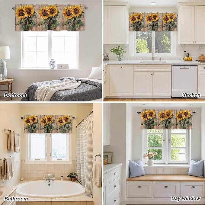 Kitchen Valances for Window, Watercolor Sunflower Retro Board Light Filtering Rod Pocket Valance Curtain, Farm Brown Wood Grain Short Curtains Window Topper for Bedroom Bathroom Living Room 42x12in