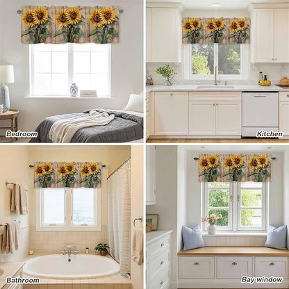 Kitchen Valances for Window, Watercolor Sunflower Retro Board Light Filtering Rod Pocket Valance Curtain, Farm Brown Wood Grain Short Curtains Window Topper for Bedroom Bathroom Living Room 42x12in