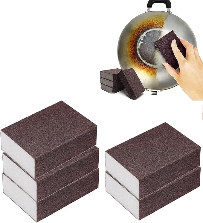 Nano Carborundum Sponge,Emery Sponge Kitchen Pot Brush with Handle,Scouring Pad Pot Scrubber,Pot Cleaner for Bottom of Pans,Wet Dry Sanding Sponges (Brown 02 * 5pcs)