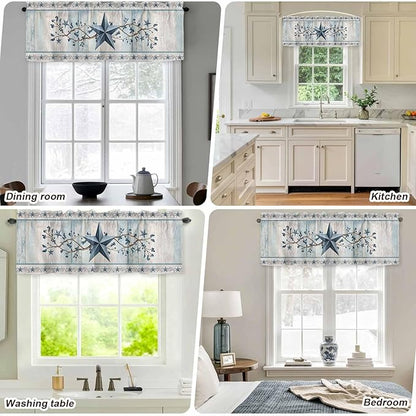 Blue Texas Star Valances for Windows, Vintage Star Berry Blue Beige Wood Grain Kitchen Valance Light Filtering Rod Pocket Short Curtains for Kitchen Bathroom, 1 Panel, 60"x18"