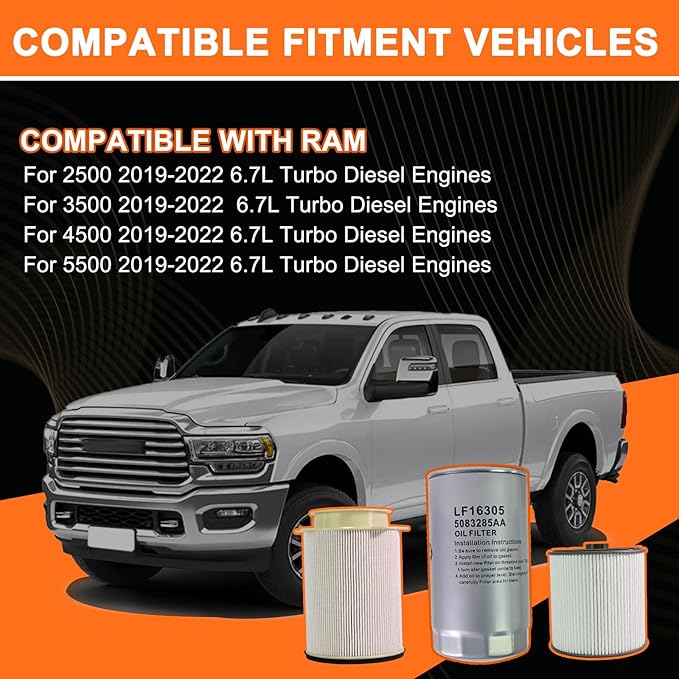 Oil Filter and Fuel Filter Water Separator Set Compatible with Ram 2500 3500 4500 5500 2019 2010 2011 2022 6.7L Diesel Replaces# 68436631AA 68157291AA 5083285AA