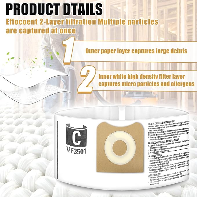 30 Pack VF3501 Vacuum Cleaner Bags Fit for Rigid Shop Vac Bags 4 Gallon Size c, compatible with 3-4.5 Gallon Wet/Dry Vacuums | Dust Collection Filter Bags Replace Part (30 Pack)