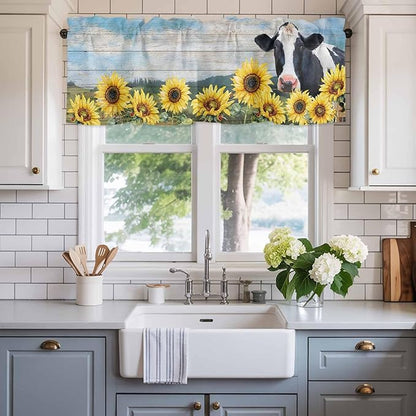 Cow Sunflowers Curtain Valances for Windows, Kitchen Valance Window Treatment, Farmhouse Animal Blue Sky Wooden Grain Light Filtering Block Curtains for Bathroom/Bedroom/Living Room 42'' x 18''