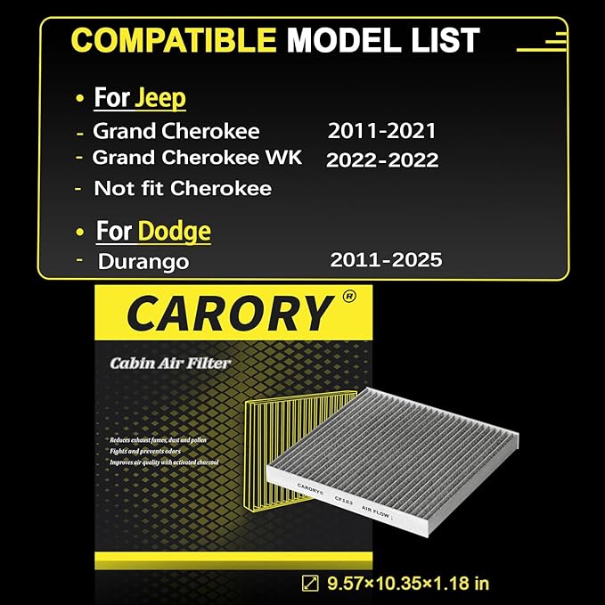 Cabin Air Filter w/Activated Carbon for Jeep Grand Cherokee (2011-2021, Not Fit Cherokee), Dodge Durango 2011-2025, 68079487AA, 68079487AB, CF11183