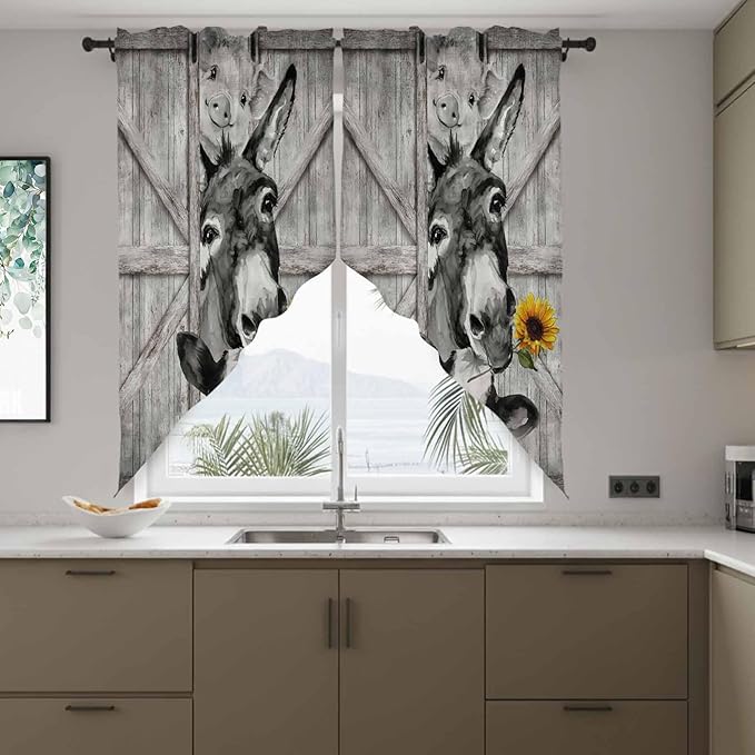 Funny Farm Animals Swag Valances for Windows, Vintage Barn Grey Sunflowers Rod Pocket Kitchen Curtains Valance, Kitchen Window Curtains Swag for Cafe Bathroom Living Room, 2 Panels, 36x63 inch