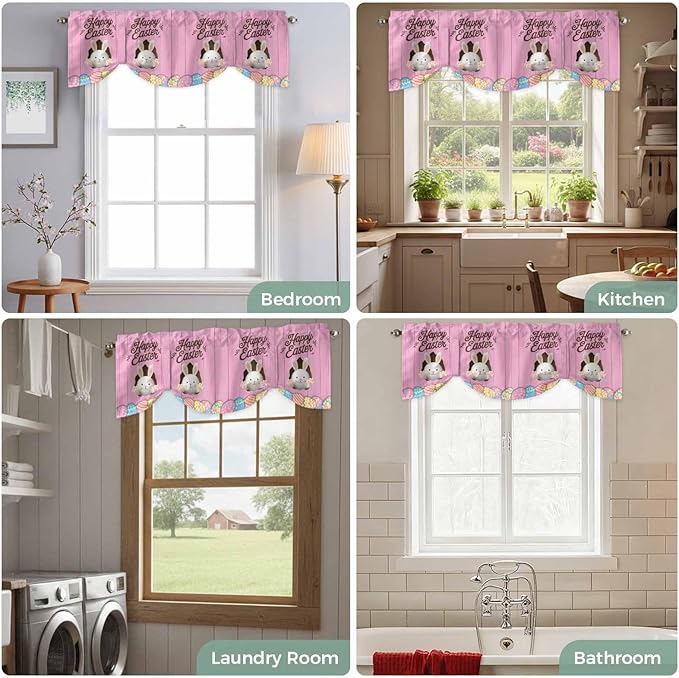 Pink Easter Tie Up Valance Curtains for Windows,Kitchen Curtains Window Shades,Easter Bunny Eggs Spring Cartoon Farmhouse Wood Grain Light Filtering Curtain Valances for Bedroom/Bathroom/Cafe 60"x18"