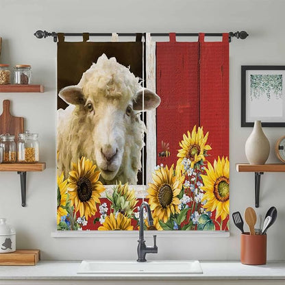Sheep Flowers Bathroom Curtains 63 Inch Length, Window Curtains Tab Top, Country Red Barn Botanical Sunflowers Light Filtering Window Treatments Drapes 52"x63" 2 Panel