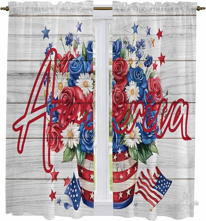 Independence Day Window Curtains 63 Inch Long 2 Panel Set, Rod Pocket Bedroom Curtains & Drapes, 4 of July Rose Wooden Grain Vintage Light Filtering Window Treatment for Living Room 42"W x 63"L
