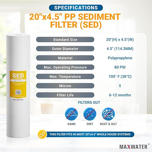 20" x 4.5" 1 Stage Whole House Water Filter System, 1" NPFT Port Single O Ring Clear Housing + Liquid Pressure Gauge with 5 Micron Polypropylene Sediment Water Filter and Wrench