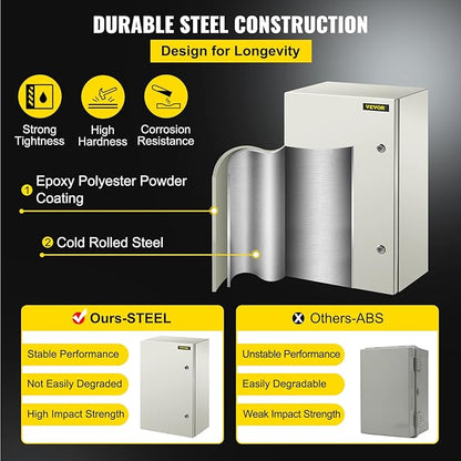 VEVOR NEMA Steel Enclosure, 24 x 16 x 10'' NEMA 4X Steel Electrical Box, IP66 Waterproof & Dustproof, Outdoor/Indoor Electrical Junction Box, with Mounting Plate