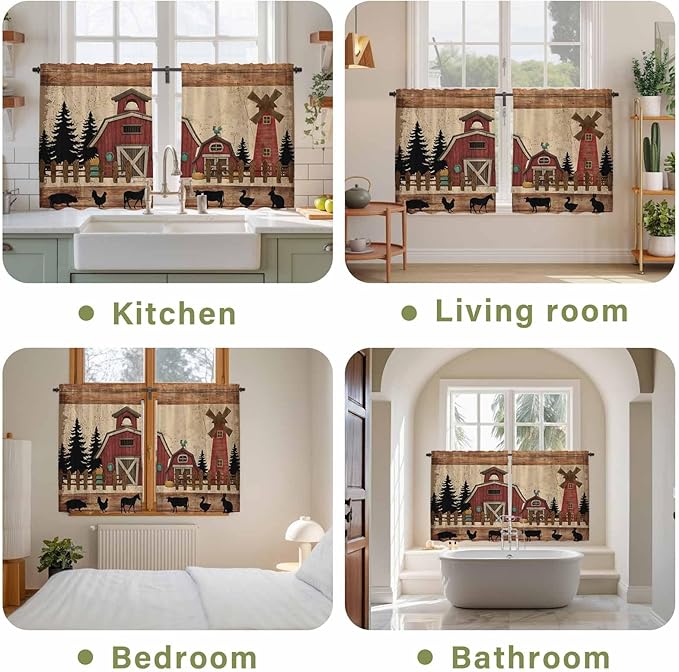 Brown Farmhouse Tier Curtains, Vintage Country Animals Wooden Grain Light Filtering Kitchen Curtains, 2Pcs Rod Pocket Half Window Treatments Panels for Sink Cafe Cabinet Basement 27.5x45 Inches