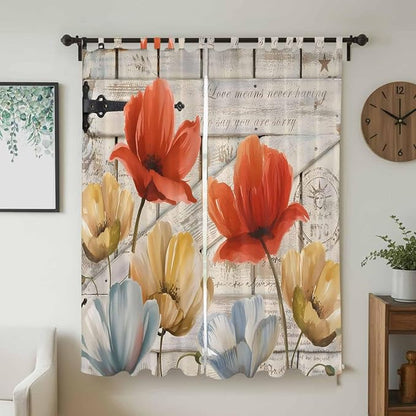Retro Floral Living Room Curtains 96 Inch Length, Window Curtains Tab Top, Red Yellow Tulips Barm Doors Farmhouse Wooden Light Filtering Window Treatments Drapes 52"x96" 2 Panel