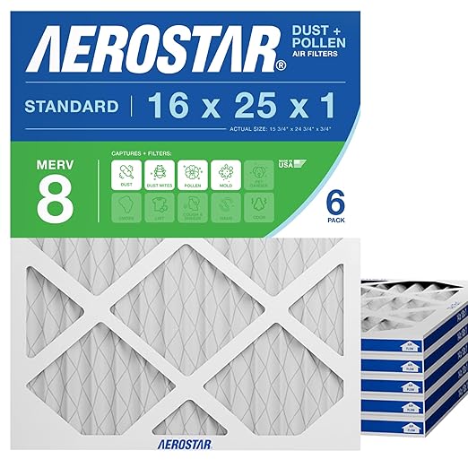 Aerostar 16x25x1 MERV 8 Air Filter, 6 Count, ACTUAL SIZE (15.75 x 24.75 x 0.75), HVAC, Air Conditioning & Furnace Filter Captures Dust, Lint & Pollen (MPR 600 / FPR 5), Made in USA