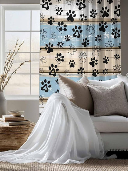 Sheer Curtains 63 Inch Length, Blue Beige Paw Print Semi Sheer Curtains Light Filtering Window Treatment, Vintage Farmhouse Rustic Wooden Grain Privacy Voile Drapes for Living Room Bedroom 52x63 Inch