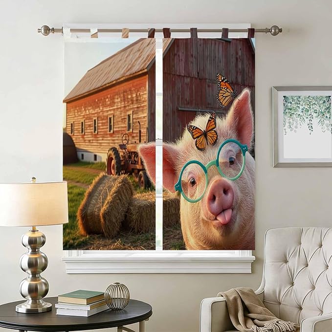 Farm Pig Living Room Curtains 84 Inch Length, Window Curtains Tab Top, Farmhouse Barn Funny Animals Butterfly Light Filtering Window Treatments Drapes 42"x84" 2 Panel