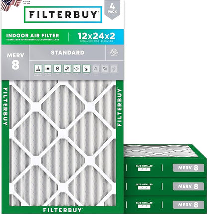 Filterbuy 12x24x2 Air Filter MERV 8 Essential Dust & Allergy Defense (4-Pack), Electrostatic Pleated HVAC AC Furnace Filters Replacement, Made in USA (Actual Size: 11.38 x 23.38 x 1.75)