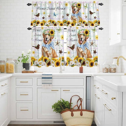 Kitchen Curtains Tiers and Valance Set of 3, Sunflowers Dog Light Filtering Window Curtain Set, Spring Watercolor Floral Stars Colorful Plaid Rod Pocket Curtain Drapes for Living Room, 24 Inches Tiers