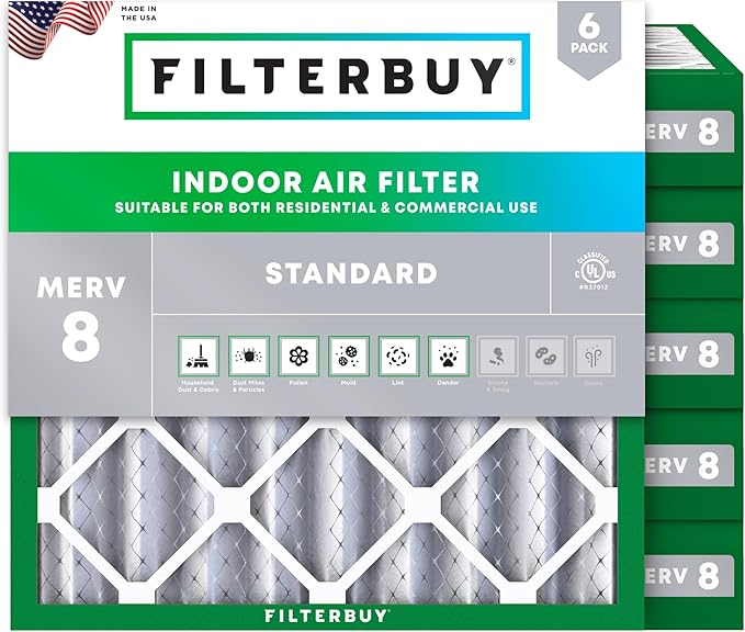 Filterbuy 25x25x4 Air Filter MERV 8 Essential Dust & Allergy Defense (6-Pack), Electrostatic Pleated HVAC AC Furnace Filters Replacement, Made in USA (Actual Size: 24.50 x 24.50 x 3.63)