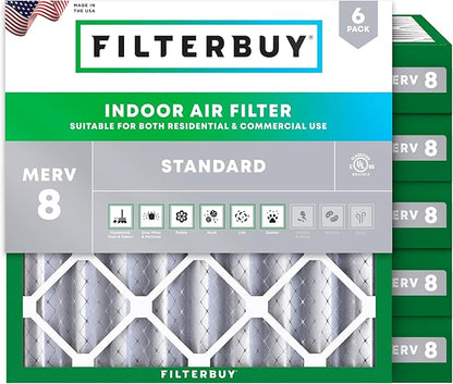 Filterbuy 25x25x4 Air Filter MERV 8 Essential Dust & Allergy Defense (6-Pack), Electrostatic Pleated HVAC AC Furnace Filters Replacement, Made in USA (Actual Size: 24.50 x 24.50 x 3.63)