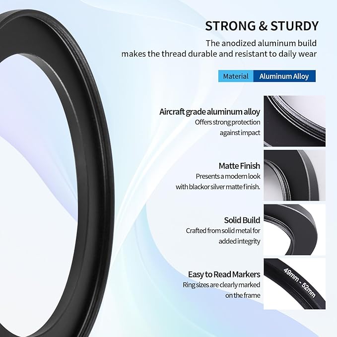 49-52mm Step-Up Ring Adapter, 49mm to 52mm Step Up Filter Ring for 49mm Lens Mount 52mm for DSLR Lenses and ND UV CPL IR Filters （49-52mm）