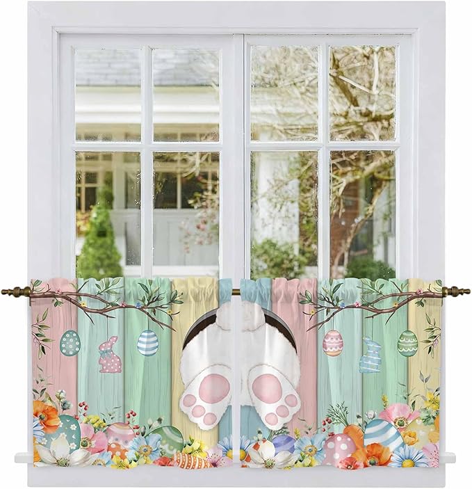 Easter Kitchen Tier Curtains 36 Inch Long 2 Panel Set,Rod Pocket Half Window Curtains Over Sink,Spring Colorful Bunny Eggs Flower Wood Grain Light Filtering Short Drapes Cafe 27.5"W x 36"L