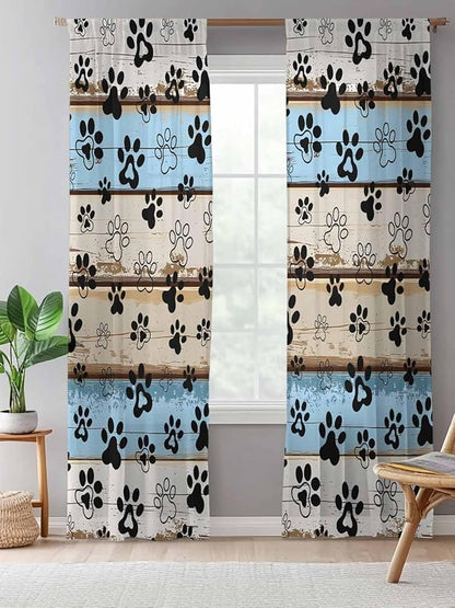 Sheer Curtains 108 Inches Long, Blue Brown Paw Prints Semi Sheer Curtains Light Filtering Window Treatment, Vintage Farmhouse Rustic Wooden Grain Privacy Voile Drapes for Living Room 52x108 Inch
