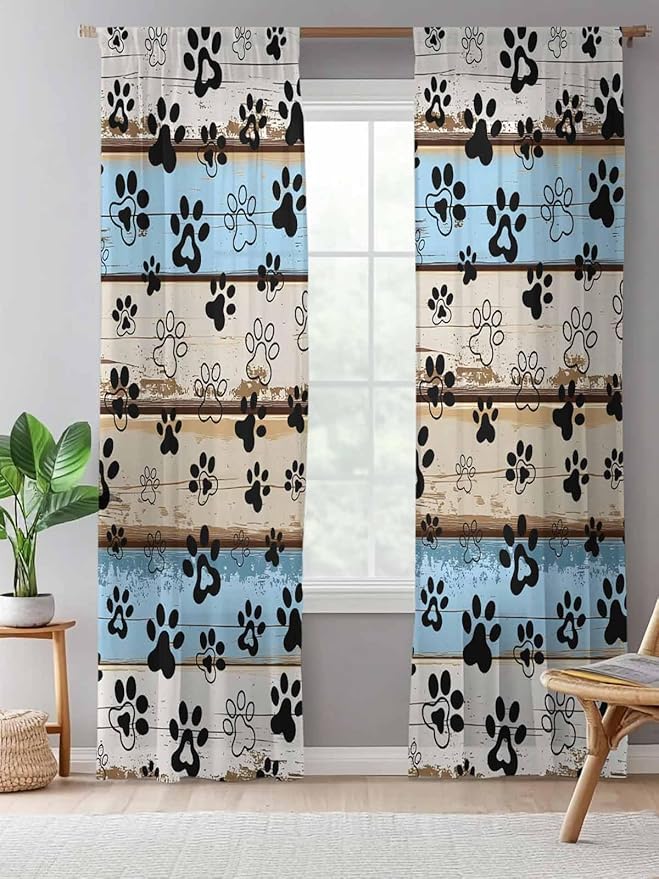 Sheer Curtains 96 Inches Long, Blue Brown Paw Prints Semi Sheer Curtains Light Filtering Window Treatment, Vintage Farmhouse Rustic Wooden Grain Privacy Voile Drapes for Living Room Bedroom 52x96 Inch