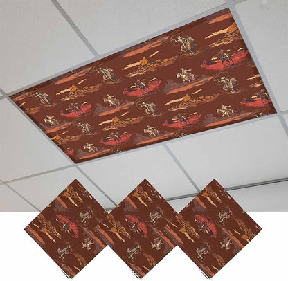 Cowboys Horses 3 Pcs Fluorescent Light Covers 4 x 2 Feet, Desert Ethnic Winds Dark Brown Background Covers for Ceiling Lights Magnetic Light Cloth Filter for Classroom Office Home