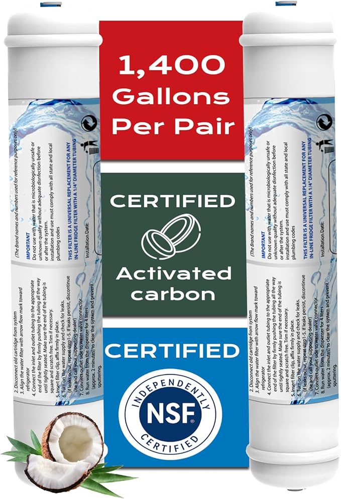 Inline Activated Carbon Water Filter, T33 1/4" Quick-Connect Replacement Cartridges for Refrigerator & Ice Maker, Under Sink System, Reverse Osmosis Water System, 2 Pack