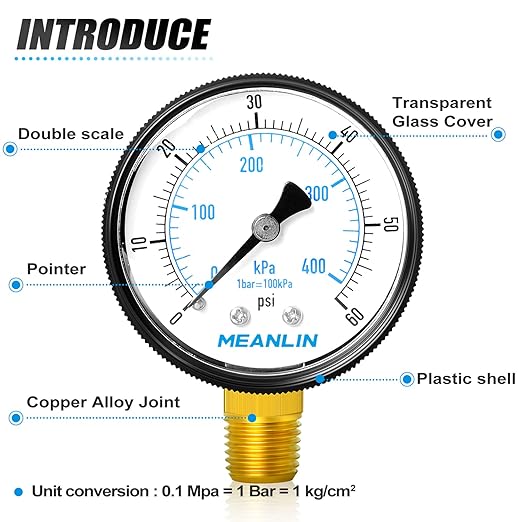MEANLIN MEASURE 1/4" NPT 0-60Psi 2" FACE DIAL Swimming Pool Water Pressure Gauge Lower Mount, with 1/4" x 1/2" NPT and 1/4" x 3/8" NPT Hex Bushing