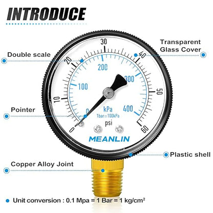 MEANLIN MEASURE 1/4" NPT 0-60Psi 2" FACE DIAL Swimming Pool Water Pressure Gauge Lower Mount, with 1/4" x 1/2" NPT and 1/4" x 3/8" NPT Hex Bushing