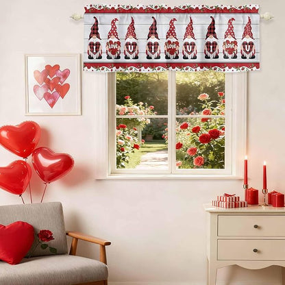 I Love U Valance Curtains for Kitchen, Valentine's Day Dwarf Romantic Wood Grain Privacy Rod Pocket Valance Curtain, Light-Filtering Window Treatment for Bedroom Bathroom, 54"x18"