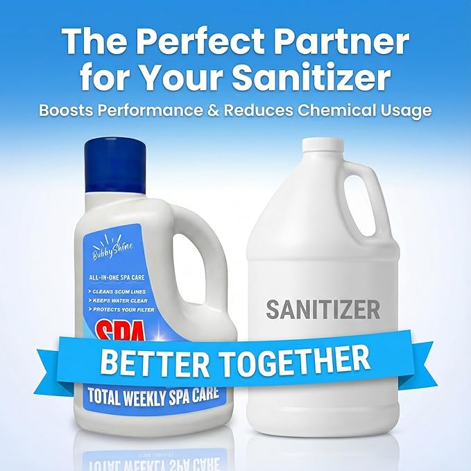 5-in-1 Hot Tub Chemicals – Spa Weekly Enzyme Cleaner & Clarifier, Scum Line Cleaner, Filter Protector + Water Conditioner, Clear Finish for Spas & Inflatable Tubs, 3 Liter (101.5 fl oz) – BubbyShine