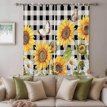 Sunflowers Living Room Curtains 84 Inch Length, Window Curtains Tab Top, Yellow Flowers Butterfly Farmhouse Black Plaid Light Filtering Window Treatments Drapes 52"x84" 2 Panel